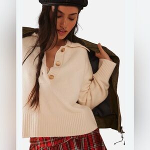 Free People Trading Up Polo Sweater NWT Ivory Oversized Collared Knit Size L